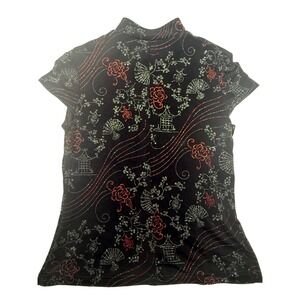 Vintage Patchington Asian Inspired Glitter Pagoda Keyhole Top Black Red Large